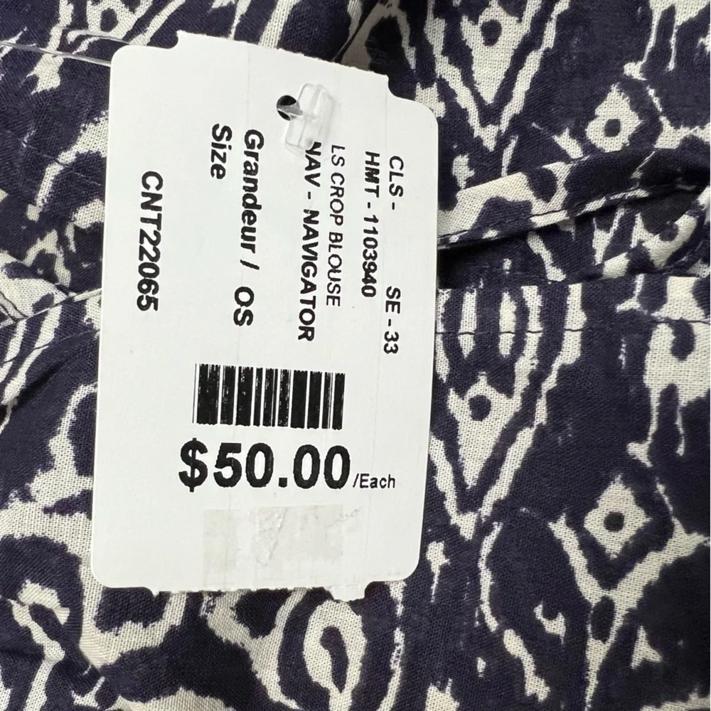 NWT blue white print gauzy cotton balloon sleeve oversized cropped blouse M - Picture 12 of 14